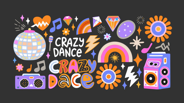 A collection of retro disco elements in a colorful vector illustration style against a dark background 1970s boombox camera cassette