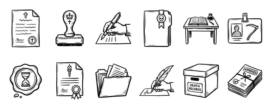 Set of hand-drawn doodle icons depicting death records, official documents, bureaucracy, and legacy with stamps, seals, and signatures in a black and white sketch style