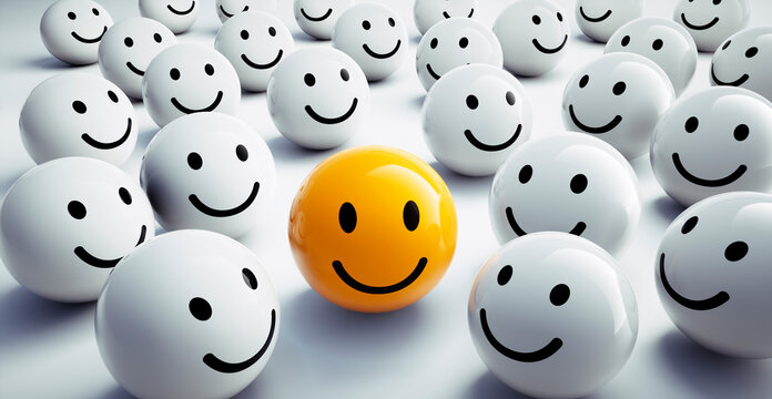 Happy yellow smiley in happy group of white smileys - 3D illustration