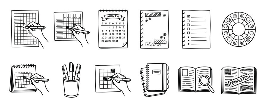 Hand drawn doodle icon set for journaling and planning with calendars, checklists, mood trackers, and notebooks in a simple black and white sketch style for organization and productivity