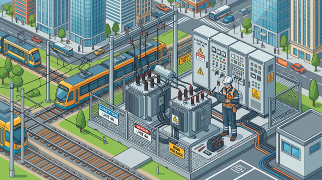 Isometric vector illustration of an electrical substation in a city, with an engineer inspecting power transformers and control panels near a light rail train track