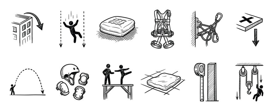 Hand drawn icon set illustrating gravity and physics principles with various sketch symbols for falling, safety equipment, risk, measurement, and mechanical advantage