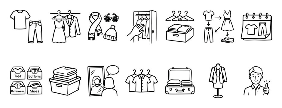 Hand drawn icon set of clothing and wardrobe organization showing outfit planning, packing a suitcase, sorting apparel, and choosing clothes in a simple black and white doodle style