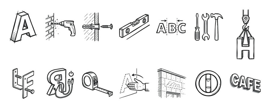 Hand-drawn signage installation and manufacturing icon set in a doodle style, featuring tools, letters, mounting hardware, and the process of creating and fixing outdoor signs