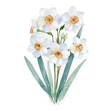 Japanese Narcissus Suisen Paperwhite Watercolor Illustration Clipart