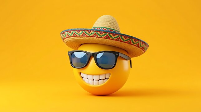 Smiling yellow emoji wearing a traditional straw sombrero and black sunglasses isolated on a vibrant yellow background for festive concepts