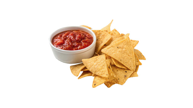 Crispy corn tortilla nachos chips with tomato salsa dip isolated on transparent background