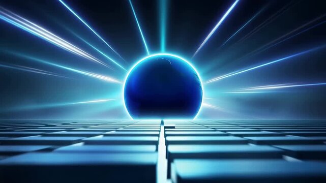 Futuristic digital landscape with a glowing blue globe and light streaks on a dark background 4k video
