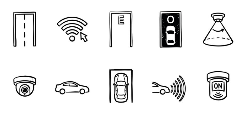 Hand-drawn smart parking and car technology icons set in a doodle sketch style, illustrating automation, wireless connectivity, security cameras, and vehicle sensors