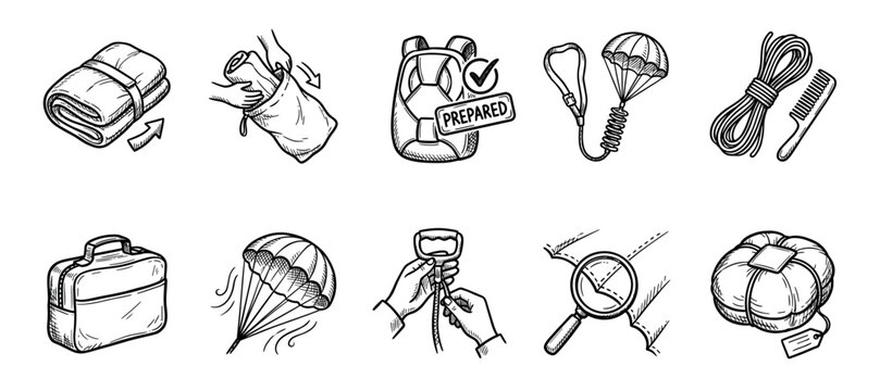 Hand-drawn icon set of parachute equipment showing preparation, packing, safety checks, and skydiving gear in a black and white sketch style illustration collection
