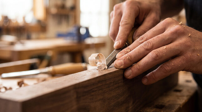 Hands carving wood with a chisel as a fresh shaving curls away from the blade