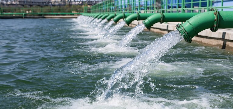 Water purification plant with green pipes releasing treated water into a reservoir, highlighting eco-friendly water treatment.