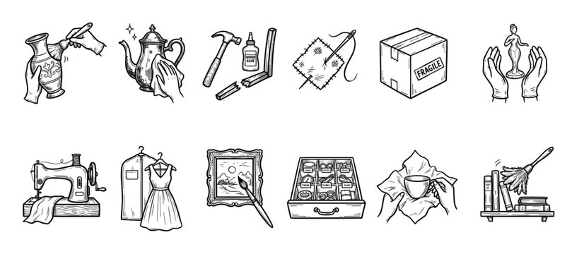 Hand-drawn black and white icon set showing care and repair of valuable objects like antiques, clothing, and art in a vintage sketch style illustration collection