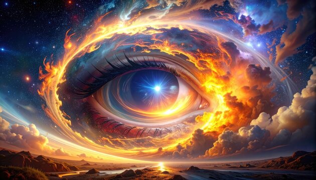Cosmic Eye Observing the Universe in a Swirling Nebula.