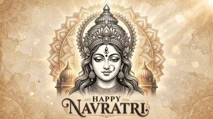 Obraz premium Happy Navratri greeting banner with serene Goddess Durga portrait and ornate mandala background