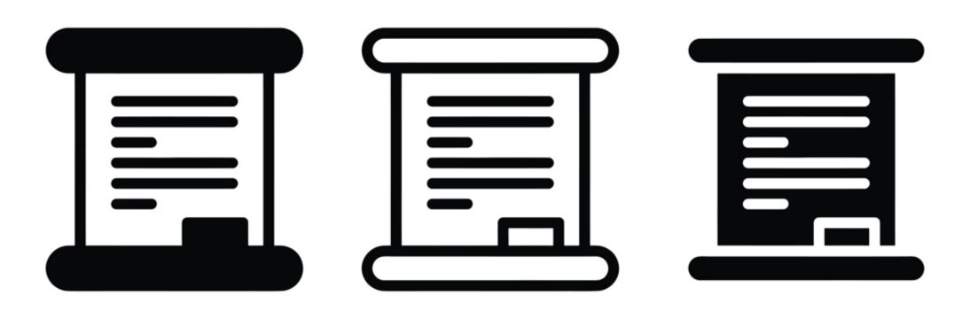 Scroll document icon set. Ancient paper roll, antique manuscript or legal certificate symbol for history education, diploma graduation, law agreement or decree charter vector illustration.