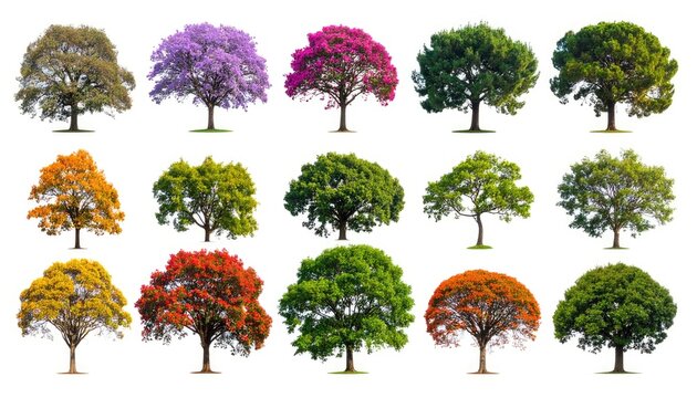 Collection of Diverse Trees in Various Colors and Seasons.
