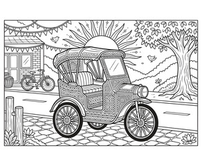 Fototapeta premium Intricate rickshaw tricycle parked on cobblestone street near tree and village coloring art.