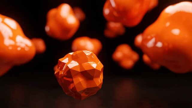 Abstract composition of glossy orange liquid spheres floating in dark space with soft lighting and reflections