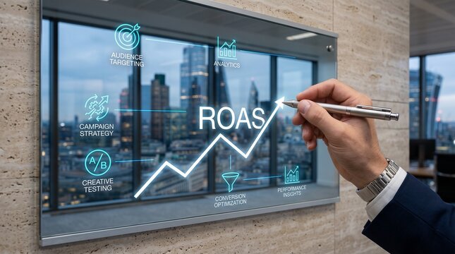 Businessperson analyzing ROAS graph on screen with pen in hand indoors