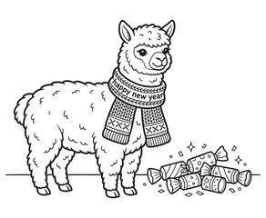 Fototapeta premium Cute alpaca wearing a happy new year scarf standing next to a pile of candies.