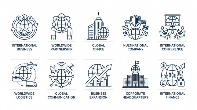 A collection of global corporate icons depicting international business and finance