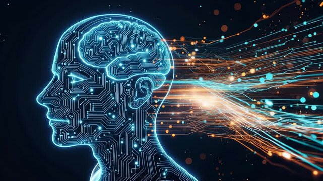 Digital human head profile with circuit board pattern and glowing data streams 4k video