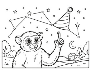 Coloring page with lemur pointing at party hat constellation in starry night sky drawing. © Artful Imprints