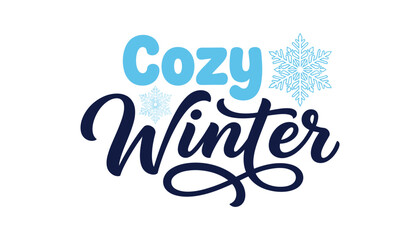Cozy winter typography design with dark blue handwritten lettering brush calligraphy and light blue snowflakes isolated on white vector © Siraj
