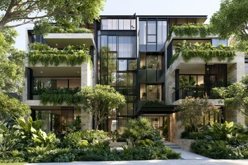Fototapeta premium Modern luxury apartments with vertical gardens and stone facades in a sharp focus architectural shot for sustainable real estate marketing