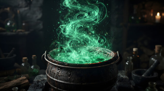 Black witch cauldron with glowing green magic smoke bubbling in dark environment