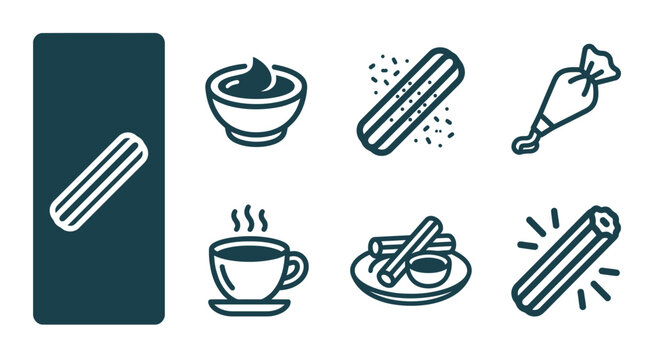 Set of minimalist dark green vector line icons depicting Spanish churros, fried dough pastry, chocolate dipping sauce bowl, piping bag, coffee cup, sugar sprinkles, and serving plate.