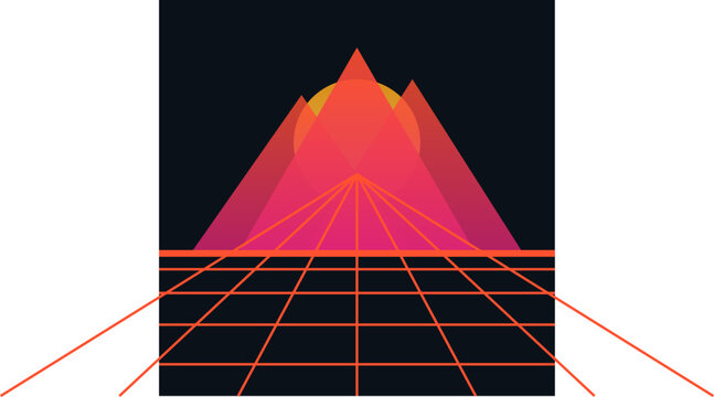Retro synthwave sunset landscape with mountain peaks and red perspective grid over dark geometric background