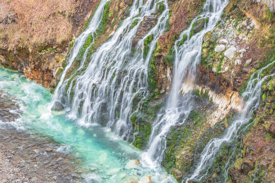 Shirahige waterfalls in Biei, Hokkaido, Japan.