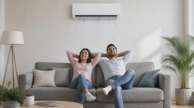 Couple relaxes on sofa under ac in bright living room, cooling off during a summer heat wave.