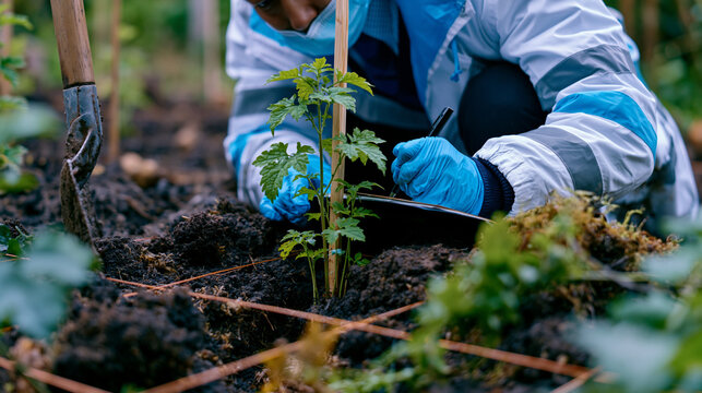 Biodegradable packaging materials analyst runs a controlled soil burial decomposition study outdoors, burying tagged cassava-starch samples at measured intervals along a test plot grid, recording so