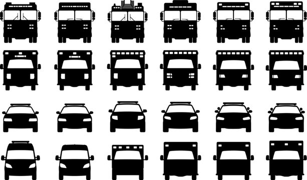 Collection of emergency vehicle front view silhouettes including fire trucks ambulances police cars and rescue transport vans