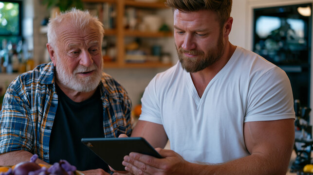 Certified nutrition coach logging food intake data into tablet app with seventy three year old male client in home kitchen, caloric restriction tracking elder coaching, meal density longevity strate