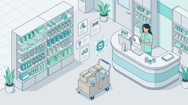 Isometric vector illustration of a smart pharmacy interior with a female pharmacist using a tablet, shelves of medicine, and AI technology icons for automated medical inventory management