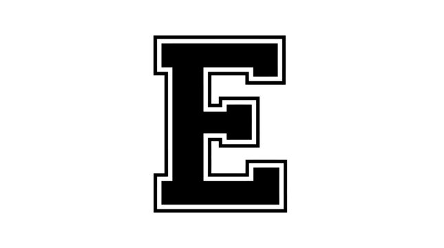 Black letter e with white outline collegiate style silhouette on white background