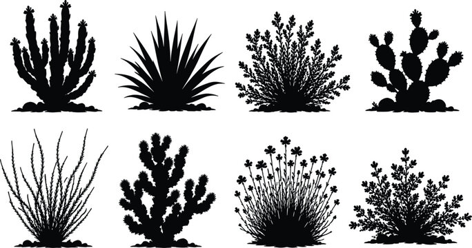 Desert plants and cactus silhouettes vector set featuring agave prickly pear and succulent bushes