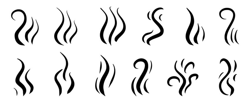 Steam, smell silhouettes set. Air wind doodles. Vapor clouds, hot aroma waves, cooking fumes in simple handmade scribbles. Perfect for coffee and culinary naive simple graphic. Vector steams