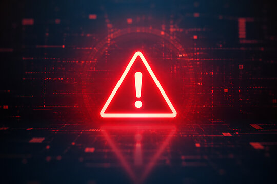 A bright red warning triangle icon glows against a dark, digital, futuristic background.