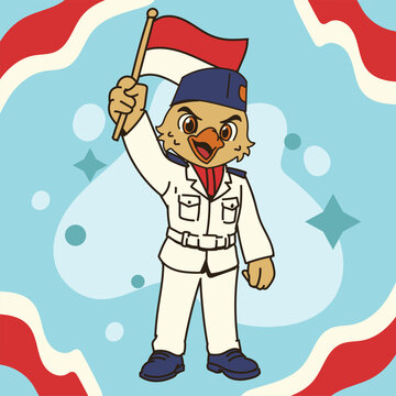 Cute Indonesia Independence Day Paskibra Garuda Mascot Cool Pose Carrying Flag Collection