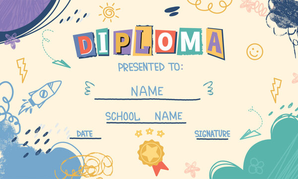 School diploma template for children, kids in kindergarten or primary grades with doodle line art elements, crayon pencil sketch icons. Child education certificate with hand drawing charcoal squiggles