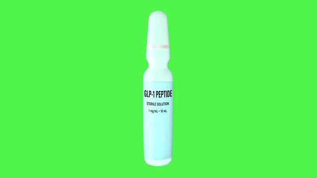 Medical GLP-1 peptide ampoule rotating 360 degrees on a green screen. Seamless loop animation of weight loss medicine vial. 3D animation
