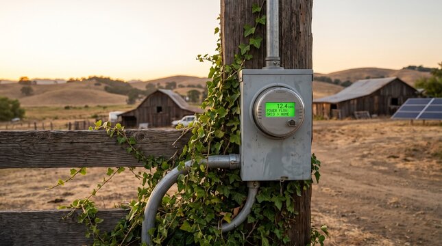 Smart electrical meter monitoring grid to home power flow on a rural wooden pole with solar panels and a barn at sunset.