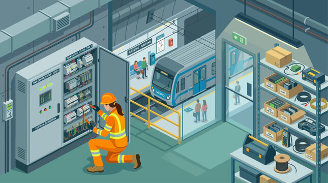 Isometric vector illustration of an electrician technician repairing a train control electrical cabinet in a metro subway station maintenance room with train and passengers in the background
