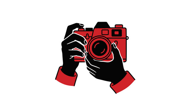 A stylized illustration of a person holding a red camera