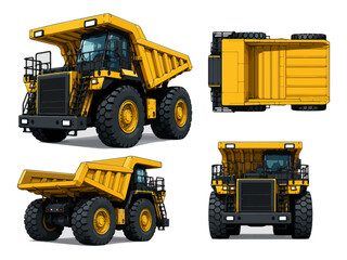 Yellow Mining Dump Truck Collection Illustration With Front Side And Rear Heavy Vehicle Views © Mas Muads